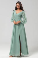 Load image into Gallery viewer, Chiffon A-Line Long Sleeves Matcha Bridesmaid Dress with Slit