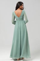 Load image into Gallery viewer, Chiffon A-Line Long Sleeves Matcha Bridesmaid Dress with Slit