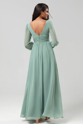 Chiffon A-Line Long Sleeves Matcha Bridesmaid Dress with Slit