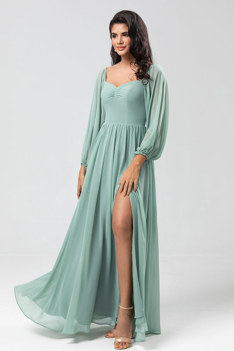 Load image into Gallery viewer, Chiffon Off The Shoulder Matcha Bridesmaid Dress with Long Sleeves