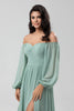Load image into Gallery viewer, Chiffon Off The Shoulder Matcha Bridesmaid Dress with Long Sleeves