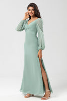Load image into Gallery viewer, Mermaid Long Sleeves Matcha Bridesmaid Dress with Slit