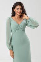 Load image into Gallery viewer, Mermaid Long Sleeves Matcha Bridesmaid Dress with Slit