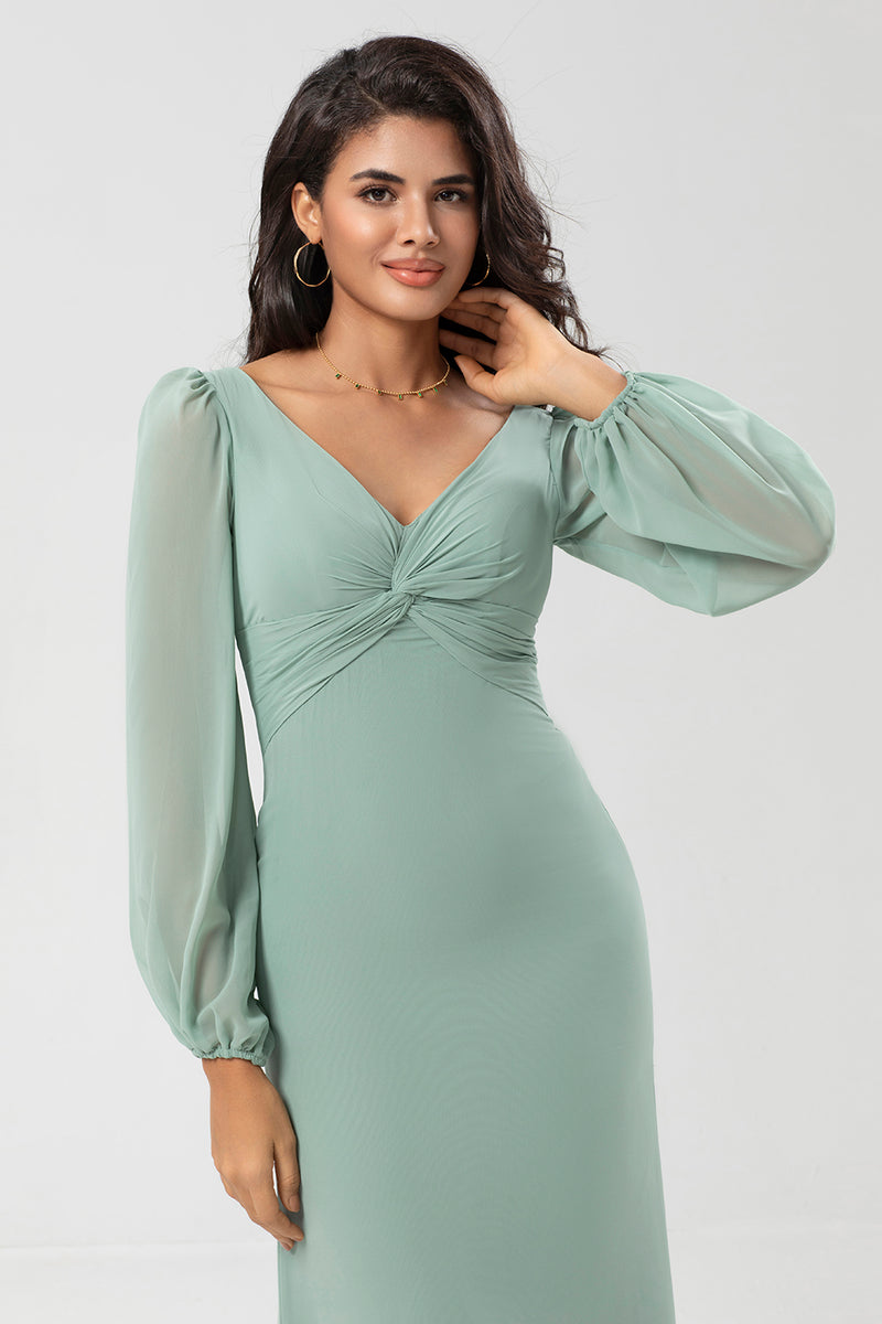 Load image into Gallery viewer, Mermaid Long Sleeves Matcha Bridesmaid Dress with Slit