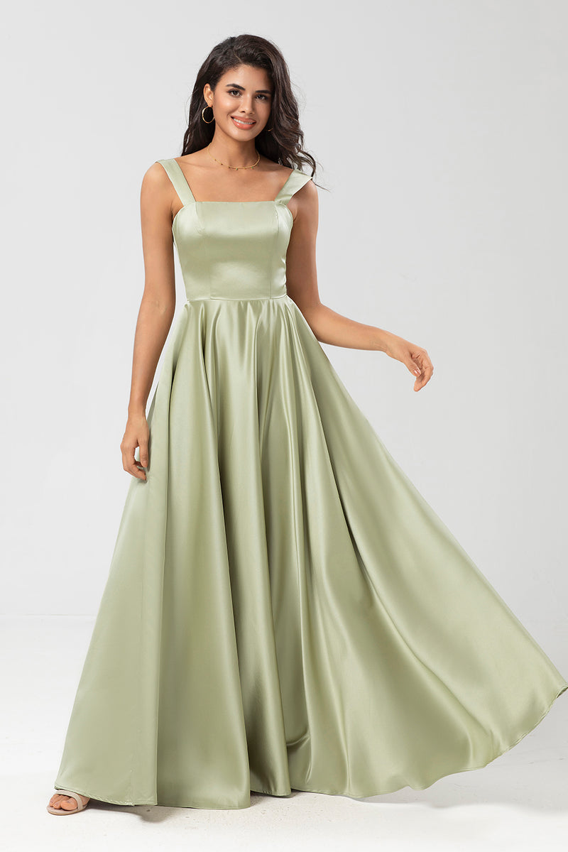 Load image into Gallery viewer, A-Line Satin Dusty Sage Bridesmaid Dress