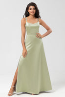 Load image into Gallery viewer, Satin Lace-Up Back Dusty Sage Bridesmaid Dress with Slit