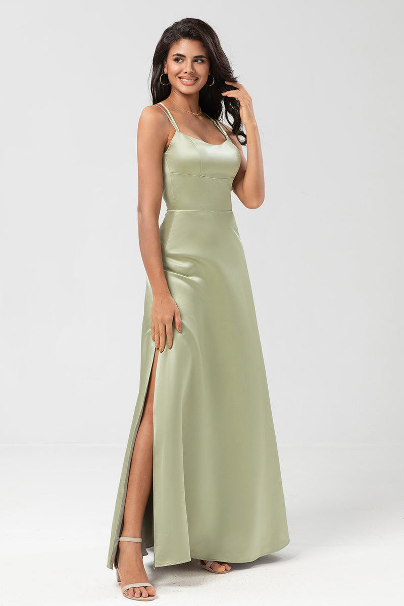 Load image into Gallery viewer, Satin Lace-Up Back Dusty Sage Bridesmaid Dress with Slit