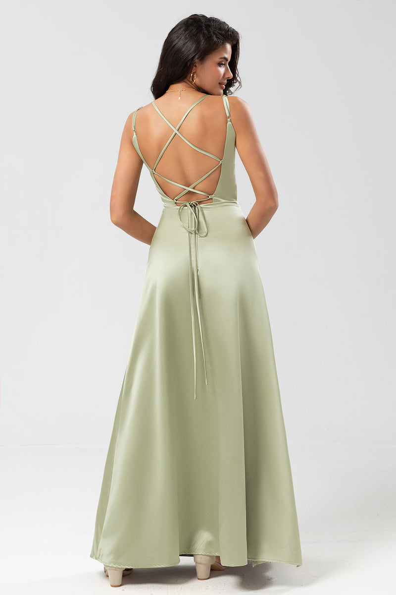 Load image into Gallery viewer, Satin Lace-Up Back Dusty Sage Bridesmaid Dress with Slit