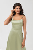 Load image into Gallery viewer, Satin Lace-Up Back Dusty Sage Bridesmaid Dress with Slit