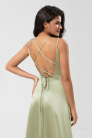 Load image into Gallery viewer, Satin Lace-Up Back Dusty Sage Bridesmaid Dress with Slit
