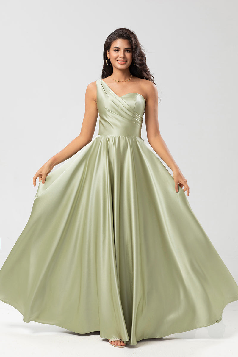 Load image into Gallery viewer, Satin One Shoulder Dusty Sage Bridesmaid Dress with Pockets