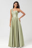 Load image into Gallery viewer, Satin One Shoulder Dusty Sage Bridesmaid Dress with Pockets