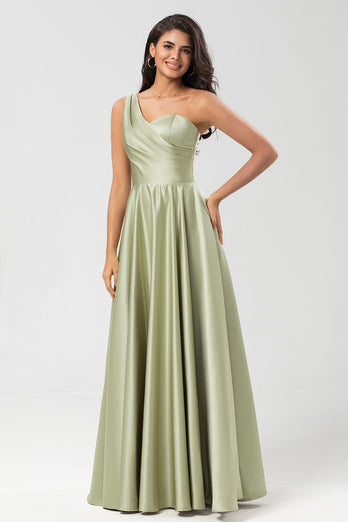 Satin One Shoulder Dusty Sage Bridesmaid Dress with Pockets