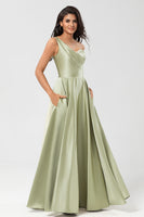 Load image into Gallery viewer, Satin One Shoulder Dusty Sage Bridesmaid Dress with Pockets