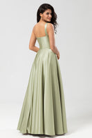 Load image into Gallery viewer, Satin One Shoulder Dusty Sage Bridesmaid Dress with Pockets