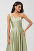 Load image into Gallery viewer, Satin One Shoulder Dusty Sage Bridesmaid Dress with Pockets