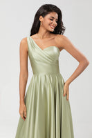 Load image into Gallery viewer, Satin One Shoulder Dusty Sage Bridesmaid Dress with Pockets