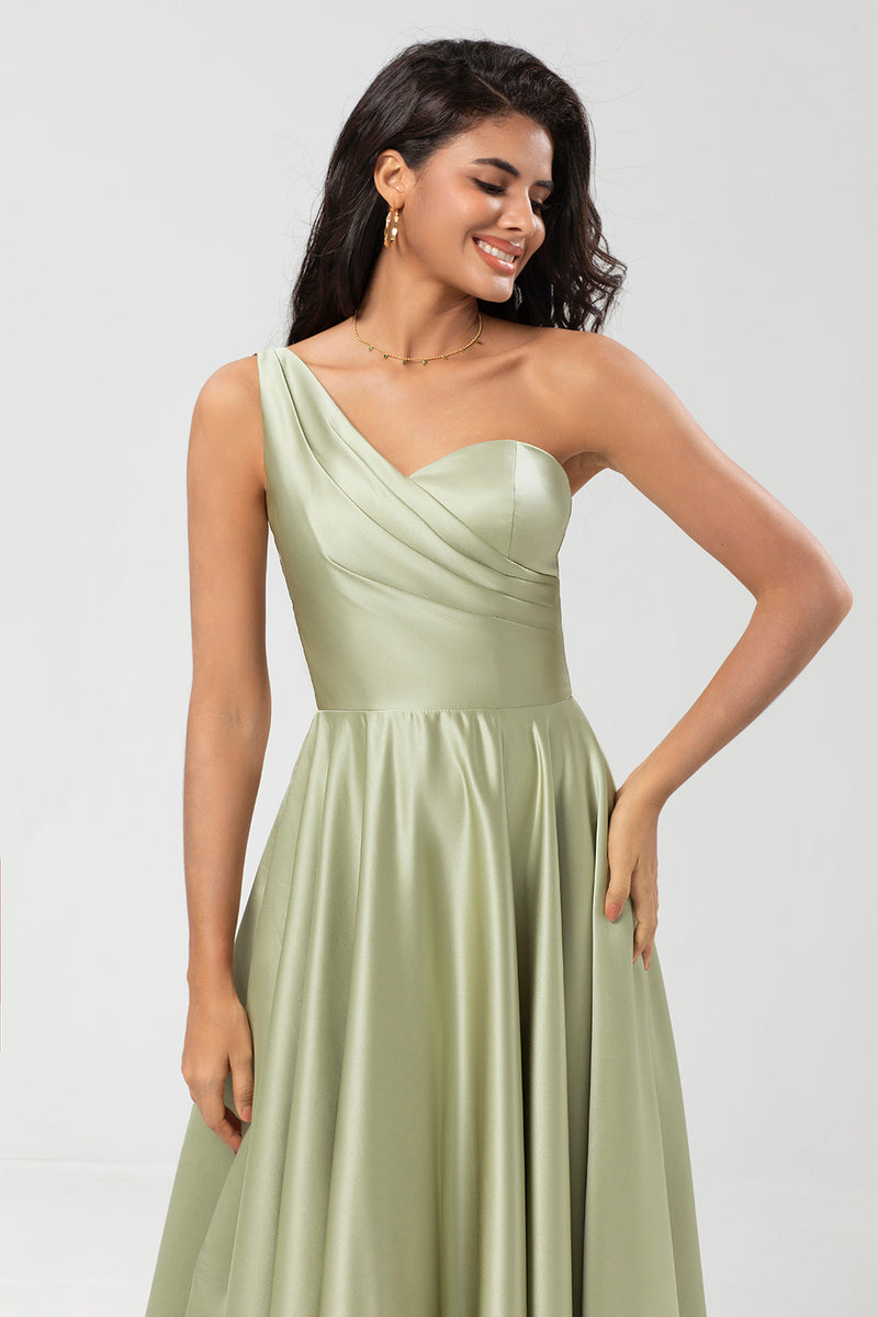 Load image into Gallery viewer, Satin One Shoulder Dusty Sage Bridesmaid Dress with Pockets