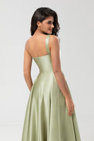 Load image into Gallery viewer, Satin One Shoulder Dusty Sage Bridesmaid Dress with Pockets