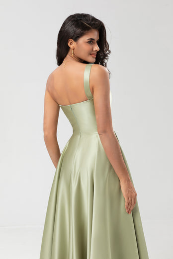 Satin One Shoulder Dusty Sage Bridesmaid Dress with Pockets