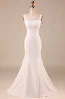 Load image into Gallery viewer, Satin Mermaid Ivory Sweep Train Wedding Dress with Bowknot