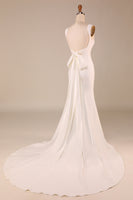 Load image into Gallery viewer, Satin Mermaid Ivory Sweep Train Wedding Dress with Bowknot