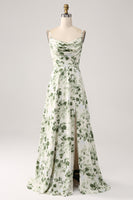 Load image into Gallery viewer, Women Cowl Neck Green Floral Prom Dress with Slit A Line Spaghetti Straps Long Party Dress