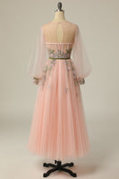 Load image into Gallery viewer, A Line Jewel Light Nude Tea Length Prom Dress with Long Sleeves