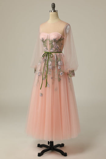 A Line Jewel Light Nude Tea Length Prom Dress with Long Sleeves