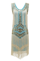 Load image into Gallery viewer, Women Blue Apricot Sequins 1920s Gatsby Dress Round Neck Vintage Dress with Fringes
