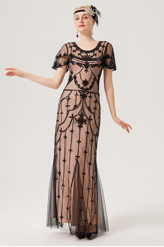 Black Blush Sequins Long 1920s Gatsby Dress