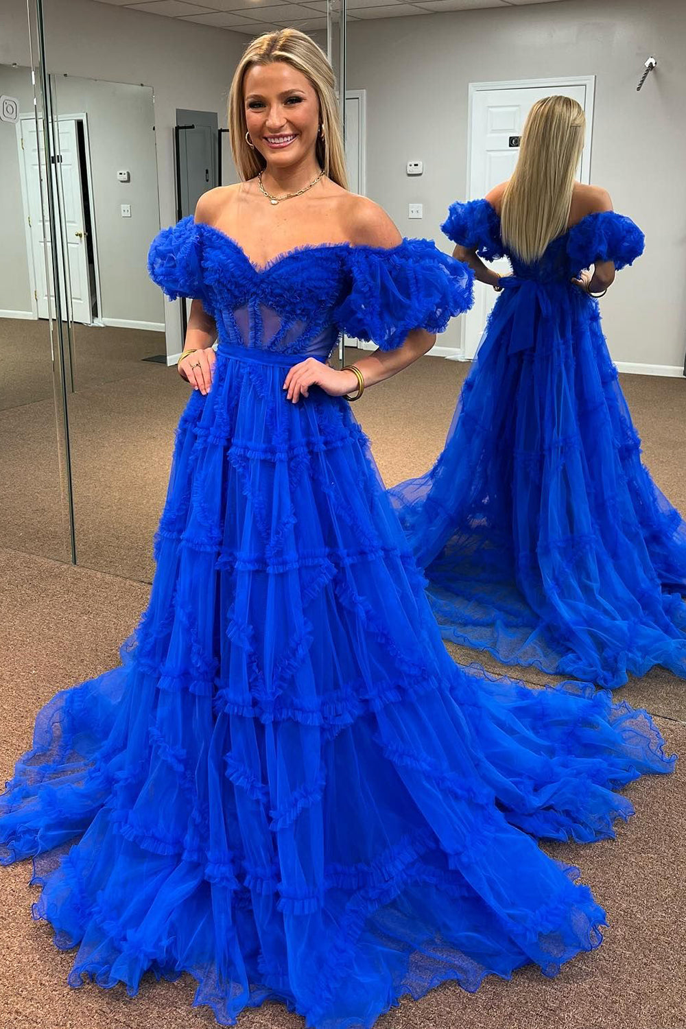 Queendancer Women Royal Blue Corset Prom Dress Off The Shoulder Ball