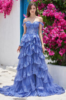 Load image into Gallery viewer, A-Line Off the Shoulder Blue Long Prom Dress with Appliques