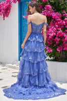 Load image into Gallery viewer, A-Line Off the Shoulder Blue Long Prom Dress with Appliques