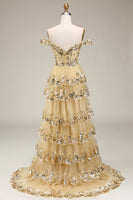 Load image into Gallery viewer, Sparkly Black Off The Shoulder Tiered Corset Prom Dress