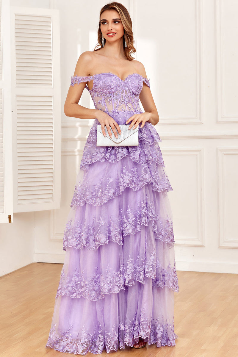 Load image into Gallery viewer, Off the Shoulder Dark Blue Corset Prom Dress with Slit