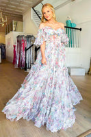 Load image into Gallery viewer, White Green Floral Off the Shoulder Long Prom Dress_2