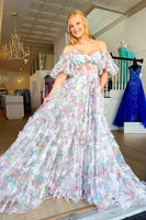 Load image into Gallery viewer, White Green Floral Off the Shoulder Long Prom Dress_3