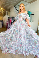 Load image into Gallery viewer, White Green Floral Off the Shoulder Long Prom Dress_4