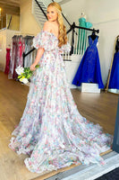 Load image into Gallery viewer, White Green Floral Off the Shoulder Long Prom Dress_5