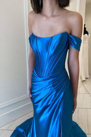 Load image into Gallery viewer, Royal Blue Off The Shoulder Mermaid Corset Long Prom Dress with Slit