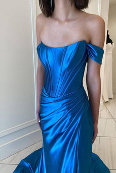 Royal Blue Off The Shoulder Mermaid Corset Long Prom Dress with Slit