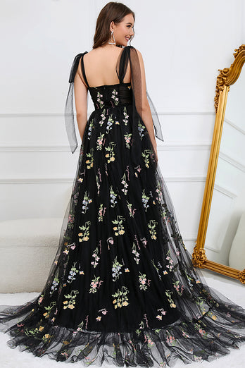 A-Line Tulle Spaghetti Straps Black Long Prom Dress with Embroidery