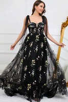 Load image into Gallery viewer, A-Line Tulle Spaghetti Straps Black Long Prom Dress with Embroidery
