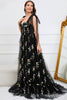 Load image into Gallery viewer, A-Line Tulle Spaghetti Straps Black Long Prom Dress with Embroidery