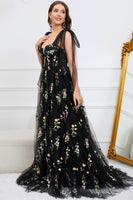 Load image into Gallery viewer, A-Line Tulle Spaghetti Straps Black Long Prom Dress with Embroidery