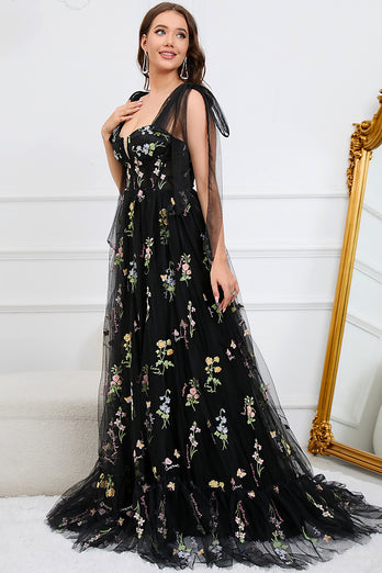 A-Line Tulle Spaghetti Straps Black Long Prom Dress with Embroidery