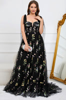 Load image into Gallery viewer, A-Line Tulle Spaghetti Straps Black Long Prom Dress with Embroidery