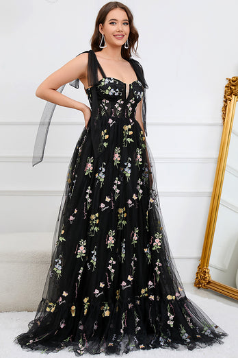 A-Line Tulle Spaghetti Straps Black Long Prom Dress with Embroidery