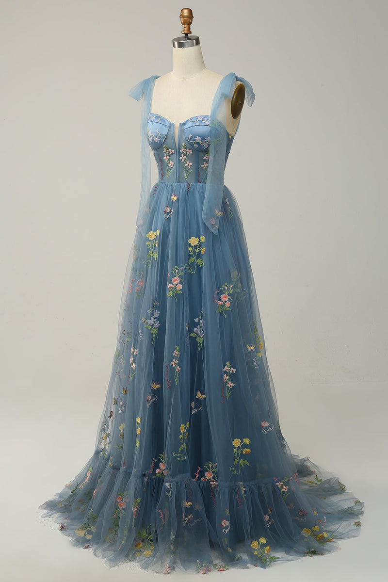 Load image into Gallery viewer, A-Line Tulle Spaghetti Straps Black Long Prom Dress with Embroidery